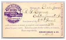 1882 Postal Card Hiram Sibley & Co. Seeds, Chicago Illinois IL Postcard