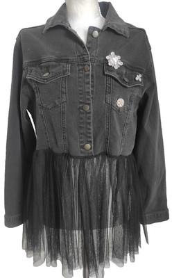 ZARA Woman Jeansjacke Tüll Schößchen Washed Schwarz Schmuck Brosche Besatz...