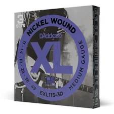 D'Addario EXL115-3D Medium, XL Nickel Electric Guitar Strings 3-Pack, 11-49