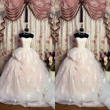 Blush Pink Wedding Dresses Strapless Lace Appliques Sweep Train Bridal Gowns