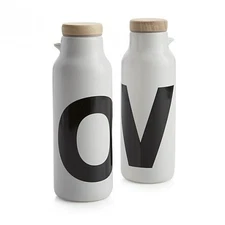 Crate & Barrel Oil Vinegar Cruet Bottles Set of 2 with Wood Lids Ceramic Modern