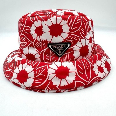 PRADA Re-Nylon Triangle Logo Floral Red Bucket Hat M Size