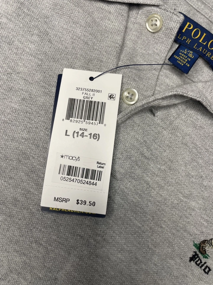 Polo Ralph Lauren Boys Grey Embroidered Football Polo Bear Mesh Polo Shirt Sz L  - Image 2 of 4