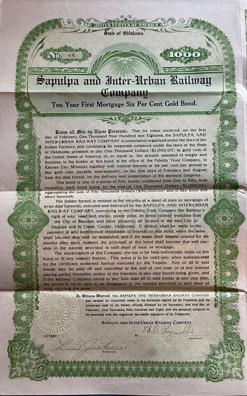 BOND SAPULPA INTERURBAN RAILWAY COMPANY OKLAHOMA 1908 RAILROAD STOCK CERTIFICATE