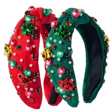 2 Pack Christmas Headband for Women Pearl Rhinestone Crystal Jeweled Xmas Red