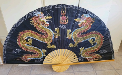 Large Vintage Classic Oriental Folding Wall Fan Dragons Asian Decor 60"W X 35"H