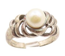 925 Sterling Silver Vintage Ring Round Pearl Elegant Woven Band Sz 9 RG34888