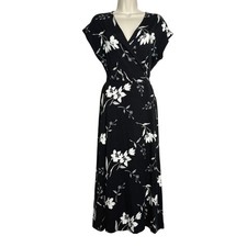 Old Navy Womens Wrap Midi Dress S Black White Floral Stretch Brunch Feminine