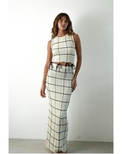 YLLW The Label Tekla Knit Dress Set Yellow Cream With Black Ties Size XS NWT