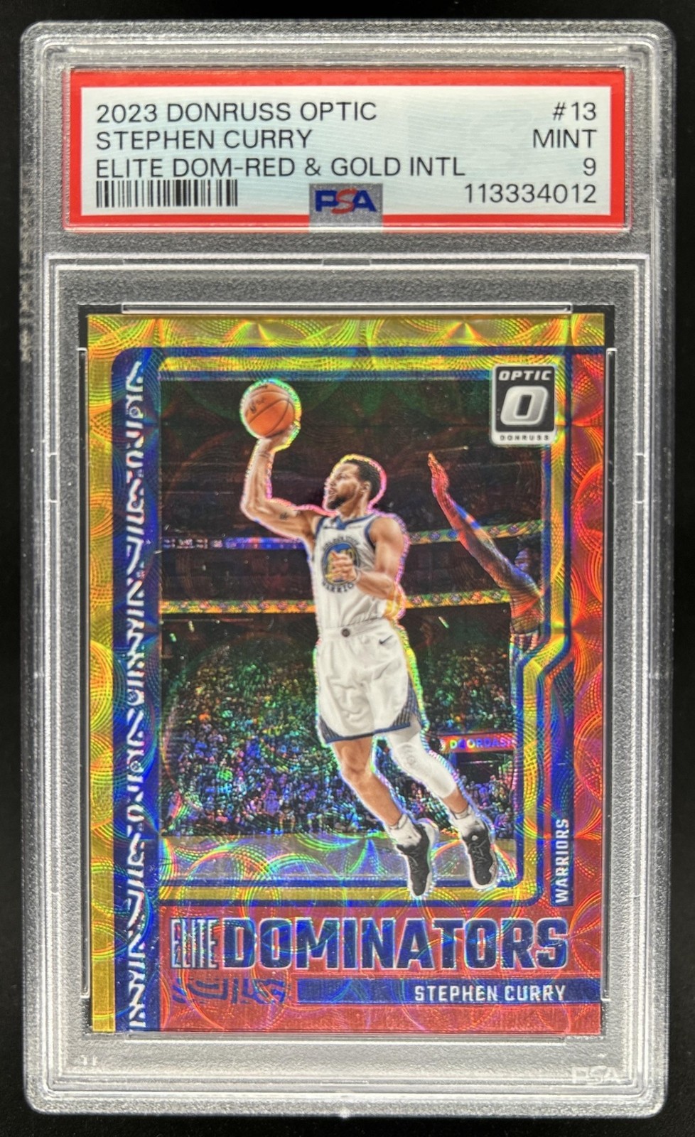 2023-24 Donruss Optic Stephen Curry Dominators Red Gold International #/99 PSA 9 view 1