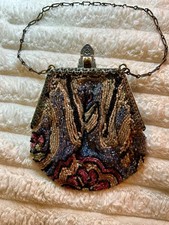 Stunning Early 1900's Antique Floral Beaded Purse Silver Clasp, engraved