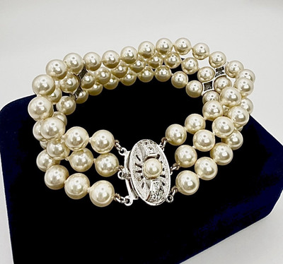 Vintage Perlenarmband 925 Silber 3-reihig Art Deco Perlen Armband Creme
