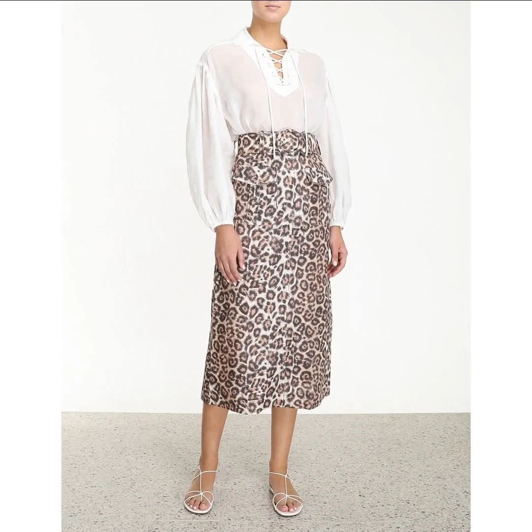 Zimmermann Bonita Safari Midi Skirt Size 0 / AU 6 Leopard Linen Belted Pocket