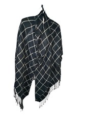 Croft  Barrow Black Tan Plaid Poncho Wrap Shawl Fringe OS