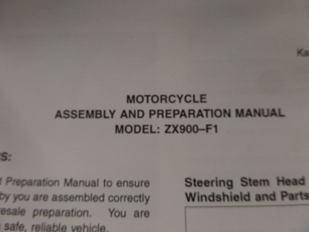 Kawasaki Assembly And Preparation Sheet ZX900-F1 99931-1389 Kawasaki Assembly And Preparation Sheet ZX900-F1 99931-1389