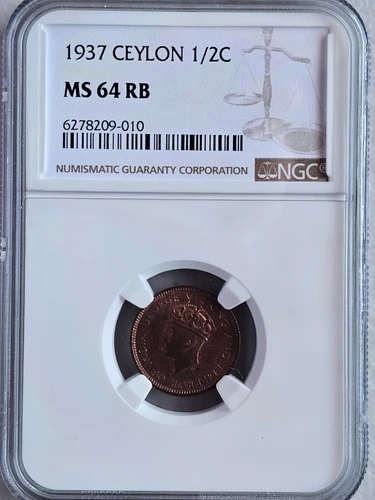 Ceylon 1/2 Cent 1937 NGC MS 64 RB