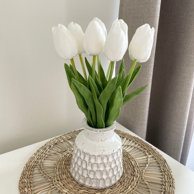 Handmade Artificial Tulip Arrangement in Glazed Terracotta Vase White Faux Tulip