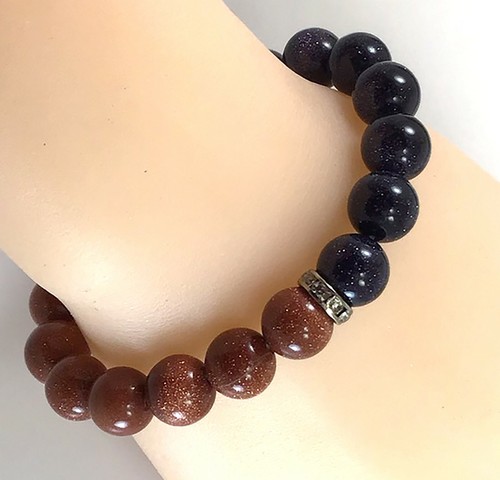 Bracciale Perline Pietra Oro Marrone e Blu Guarigione Ansia Gemma Donna - Foto 6 di 6
