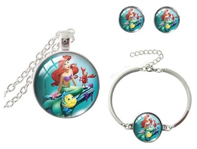 Ariel and Flounder Cartoon Glass Dome Pendant Necklace, Bracelet and Earrings