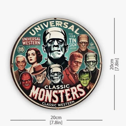 Universal Monster Mayhem Horrorfilm Symbol Blechschild 7,8” x 7,8” rund NEU - Bild 3 von 11