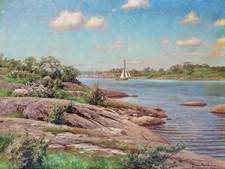 Beach river sailboat by J. Krouthen Tile Mural Kitchen Backsplash Ceramic 10x8