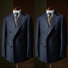 Dark Blue Men Suits Peak Lapel Double Breasted Tuxedos Wedding Groom Prom Blazer
