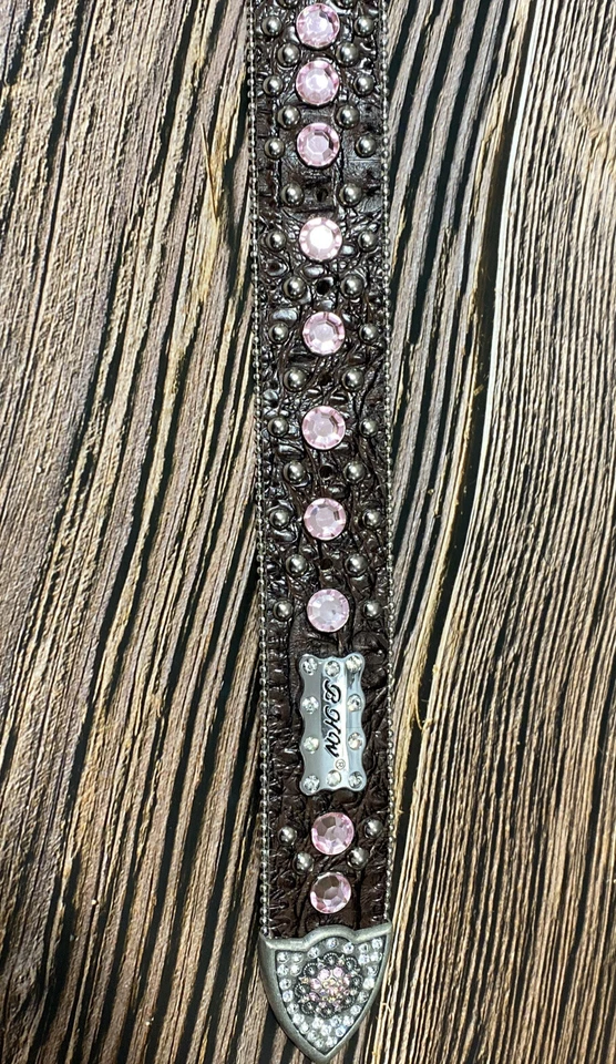 Cinturón de cuero marrón brillante bloque cristal estrás rosa occidental para mujer M Foto 3 de 4