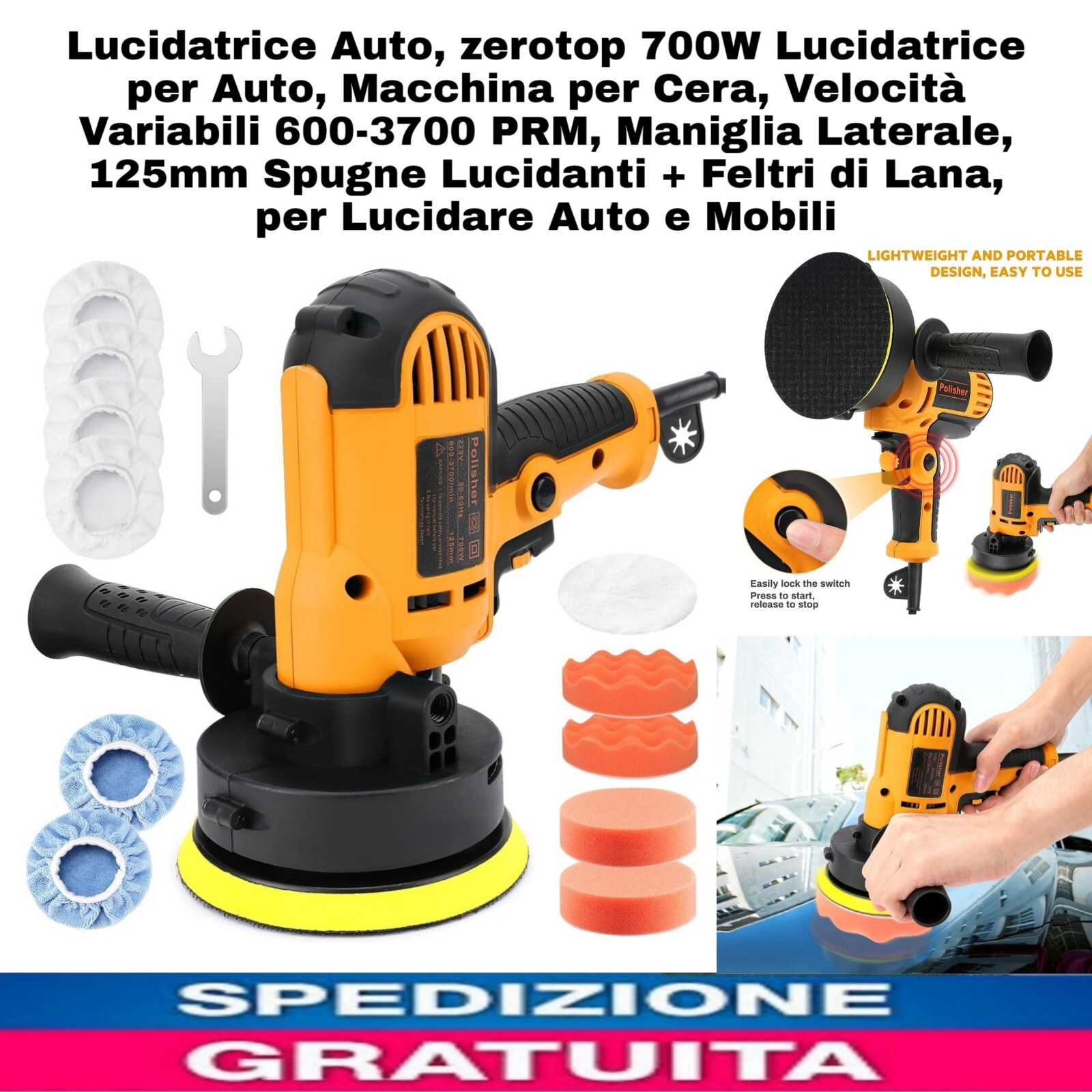 Lucidatrice x Auto,700W,Macchina x Cera 125mm Spugne Lucidanti +Feltri Lucidare 