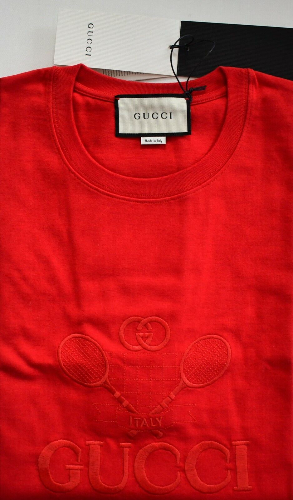 🆕️ Authentic GUCCI TENNIS Embroidered Red 100% COTTON Men's T-Shirt Tee XL