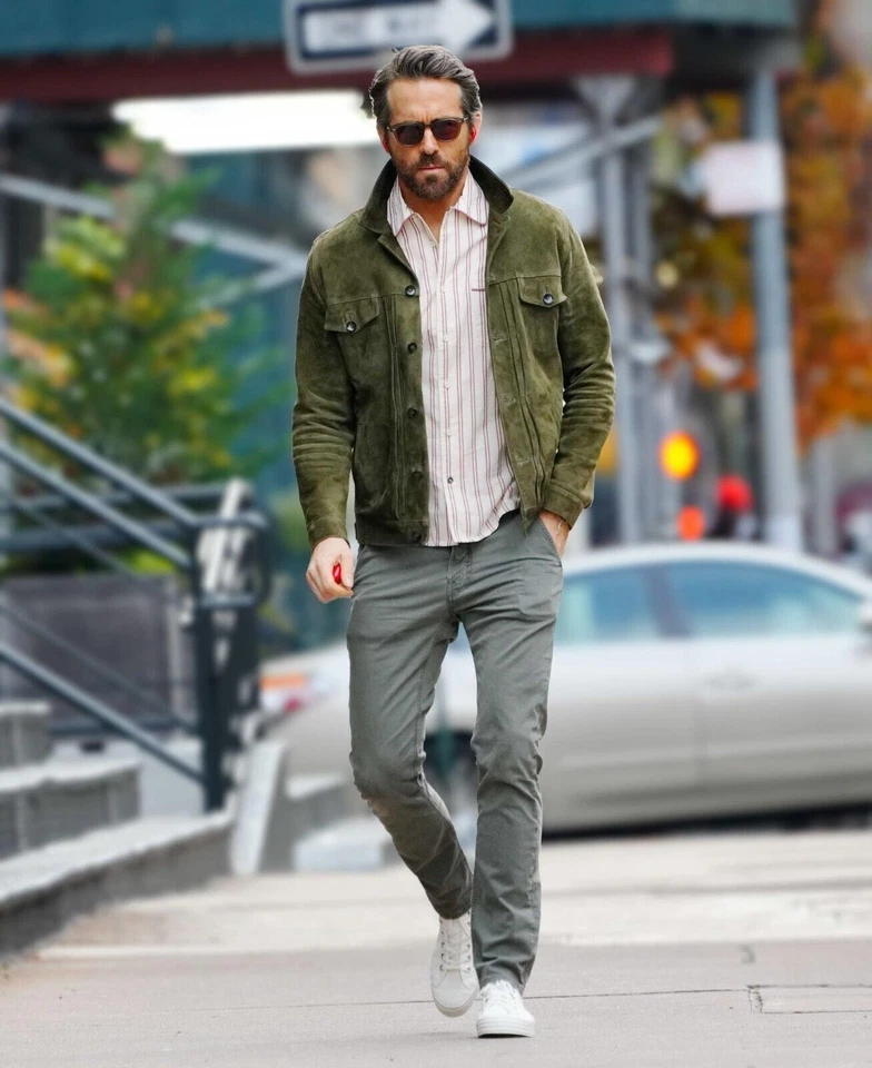 Men's Suede Genuine Buckskin Leather Jacket Men Biker Green Size S 2XL - Image 4 of 4