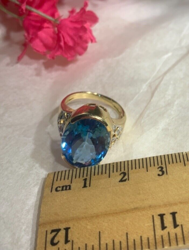 Anillo redondo de topacio azul suizo de 1,5 cm de oro 14k de UJ - Imagen 9 de 14