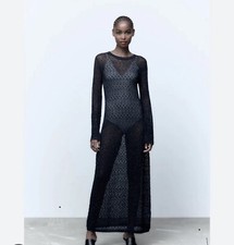 ZARA CROCHET POINTELLE KNIT DRESS WITH METALLIC THREAD SIZE S 3390/100 NAVY BLUE