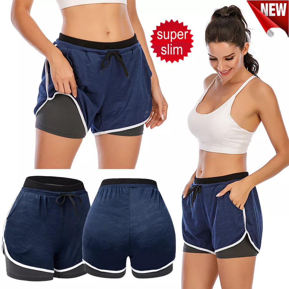 Women's 2 in 1 Running Shorts Workout Athletic Gym Yoga Shorts with Side  Pocket