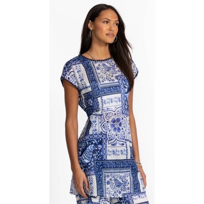NWT Johnny Was Starling Bird Print Cotton Dolman Tunic Blue Boho Top S