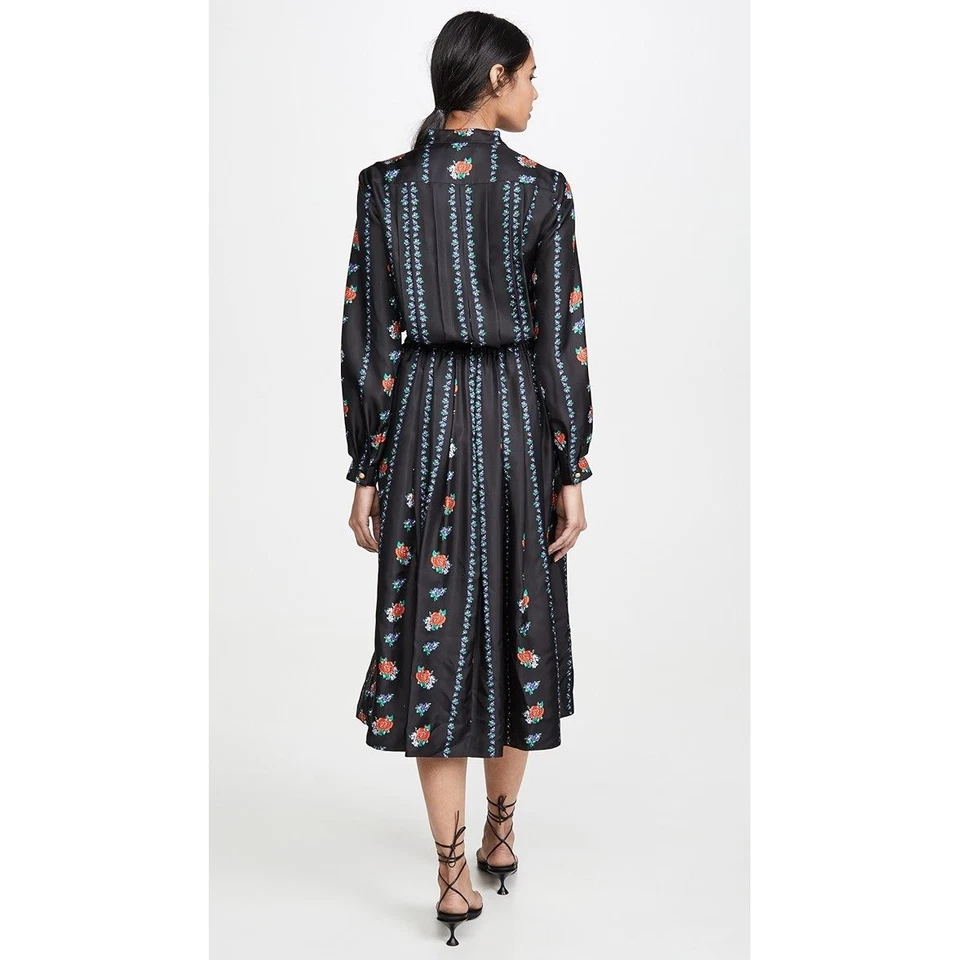Vestido Tory Burch Estampado Manga Larga Vertical Rayas Floral Negro Seda Midi Talla 6 Foto 4 de 4