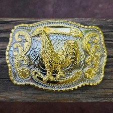 WESTERN ROOSTER BIRD FARM MEDIUM SILVER AND GOLD SHINE RODEO COWBOY BELT BUCKLE