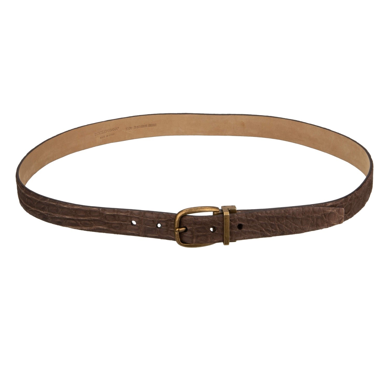 DOLCE & GABBANA Antique Gold Metal Buckle Croco Leather Belt Brown 95 38