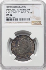 1892 Colombia 50 Centavos-Columbus Bust-MS62 NGC, Bogota mint, KM187.2