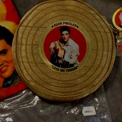 Elvis Presley Love Me Tender Round Gold Handbag Purse w/ Strap + Bag
