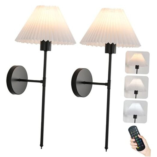 Battery Operated Wall Sconces Set of 2, Black Rechargeable Wall Lights with