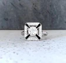 Art Deco Style 2.5Ct Lab-Created Diamond & Black Onyx 14k White Gold Finish Ring