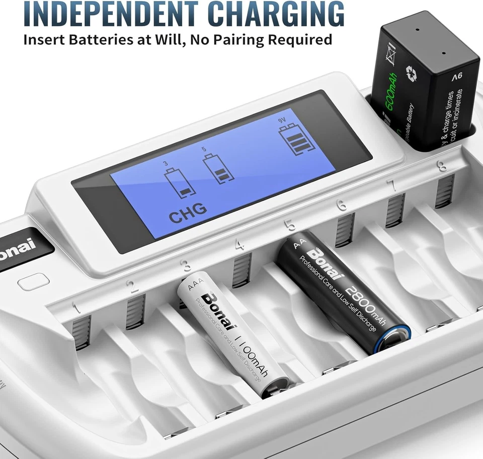 BONAI Ladegerät 9 Slot LCD Akkuladegerät AA AAA 9V NI MH NI CD Entladefunktion - Bild 2 von 4