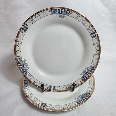 TWO Waza China Poland Salad Plates White with Purple Teal Geo Shapes Gray Band