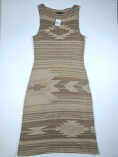 NWT Ralph Lauren Beige Silk Linen Knit Aztec Southwestern Midi Dress Size M