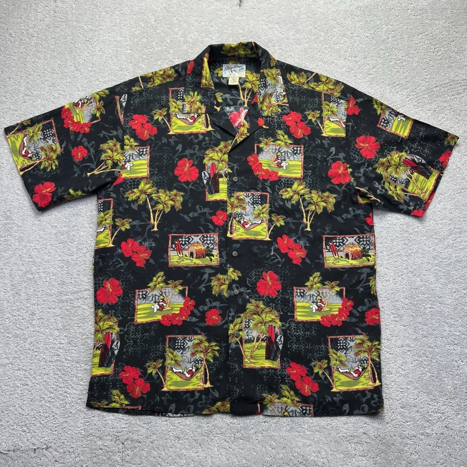 VINTAGE Big Dogs Hawaiian Shirt Mens XL Black Rayon Camp Palm Tree Floral Print