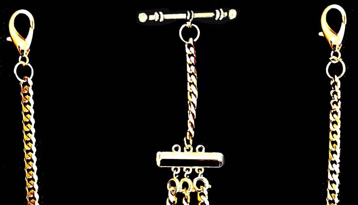 Gold Plated Very Strong Pocket Watch ALBERT Double Chain With Ornate Fob.