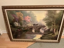 Thomas Kinkade Framed Canvas Hometown Bridge Cottage Art 24x36  