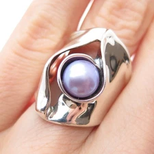 HAGIT GORALI 925 Sterling Silver Vintage Real Purple Pearl Modernist Ring Size 6