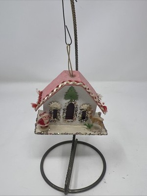 Vintage Putz Cardboard Ginger Bread House Ornament With Santa And Reindeer