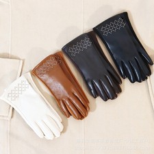 Women Rivet Pu Leather Driving Warm Lining Faux Suede Finger Gloves Touchscreen